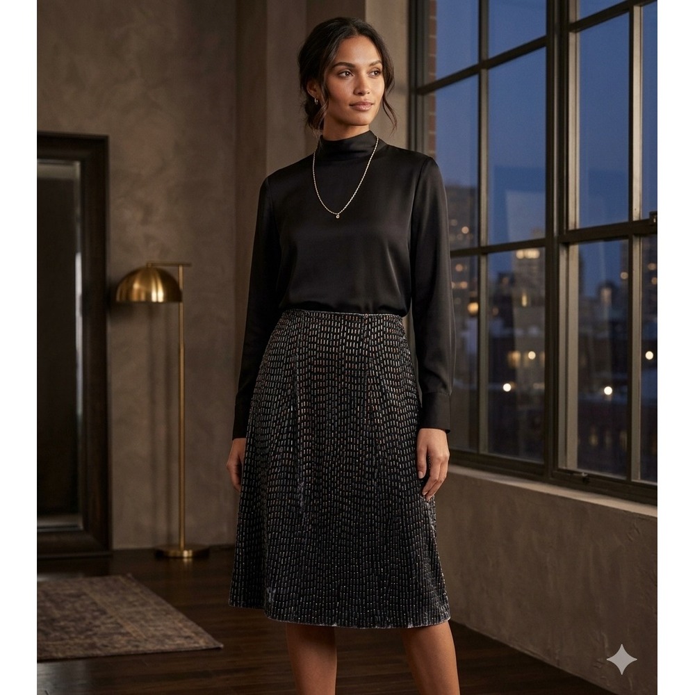 Dark Feminine Glam Party‎ Vtg. Alberto Makali Black Beaded A-Line Skirt Sz 4 USA
